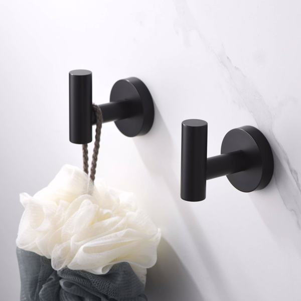 Bathroom Towel Hook, Shower Hook Wall Mounted SUS 304 Stainless Steel, Modern Hand Towel Hook Matte Black, Robe Coat Clothes Hook Round for Kitchen Garage Hotel, 2 Pack.