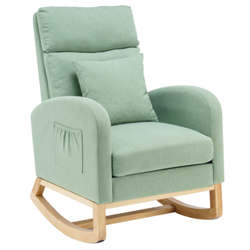 66*95*92cm High Back With Headrest Square Lumbar Pillow Side Bag Flannel Solid Wood Indoor Rocking Chair Grass Green
