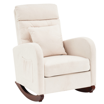 69*95*99CM  High Back With Headrest Square Lumbar Pillow Side Bag Flannel Solid Wood Indoor Rocking Chair Off white 