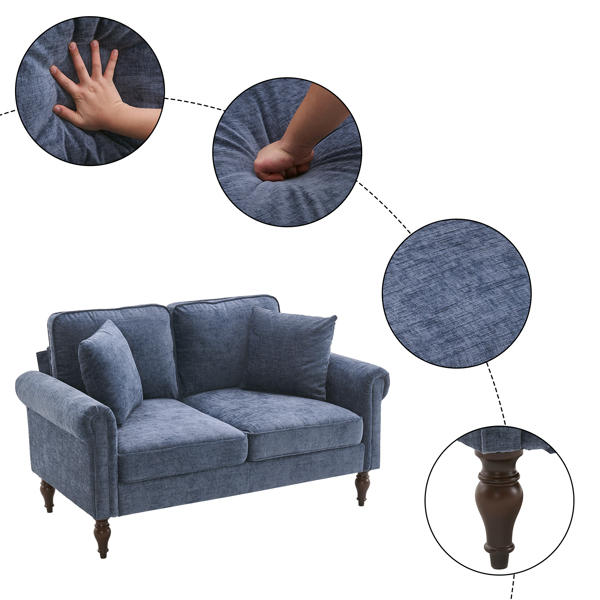 Solid Wood Gourd Foot Curved Armrest Indoor Two-Seater Sofa Gray-Blue