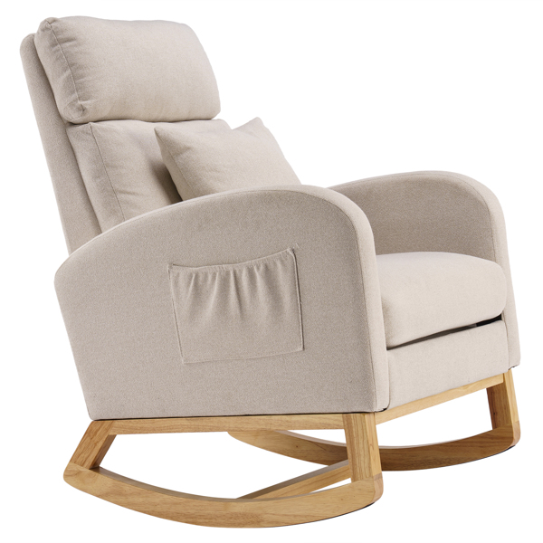 66*95*92cm High Back With Headrest Square Lumbar Pillow Side Bag Flannel Solid Wood Indoor Rocking Chair Beige