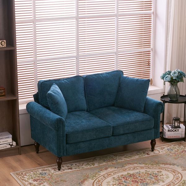 Solid Wood Gourd Foot Curved Armrest Indoor Two-Seater Sofa Blue-Green
