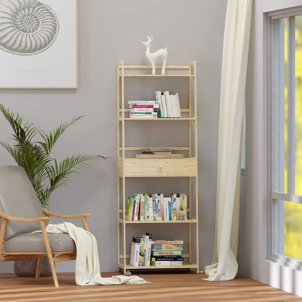 WTZ Bookshelf, Ladder Shelf with Drawers, 5 Tier Tall Bookcase, Modern Open Book Case for Bedroom, Living Room, Office, BC-239 Natural