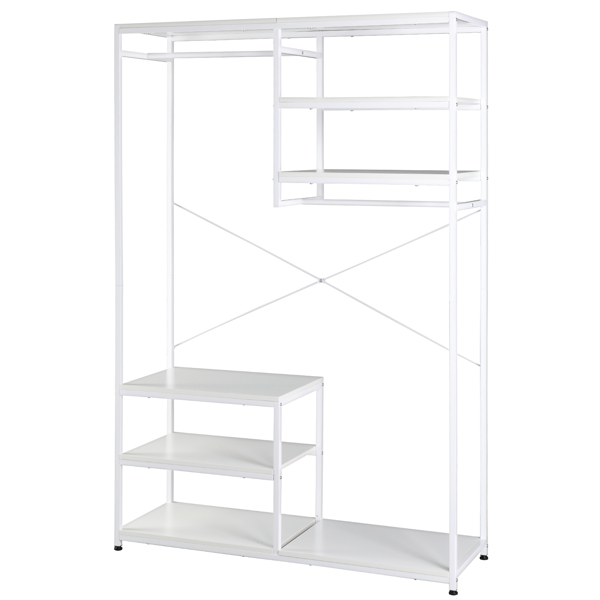 Stand Alone Wardrobe Organizer, Double Suspender Wardrobe Hanger And Multiple Storage Racks, Heavy Metal Wardrobe Storage Hanger For Bedroom - White