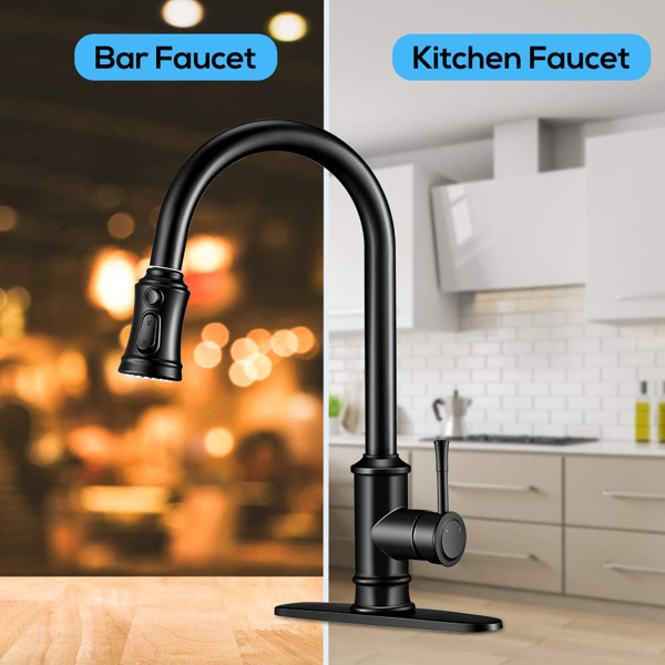 Kitchen Faucet- 3 Modes Pull Down Sprayer Kitchen Tap Faucet Head, Single Handle&Deck Plate for 1or3 Holes, 360° Rotation, Stainless Steel No Lead for RV Bar Home, Black[Unable to ship on weekends, pl