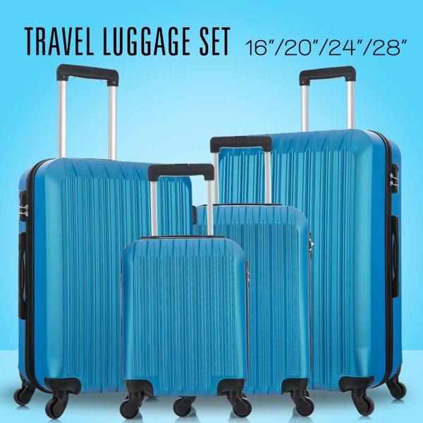 4 Piece Set Luggage Sets Suitcase ABS Hardshell Lightweight Spinner Wheels (16/20/24/28 inch) Blue