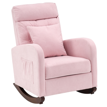 69*95*99cm High Back With Headrest Square Lumbar Pillow Side Bag Flannel Solid Wood Indoor Rocking Chair Pink