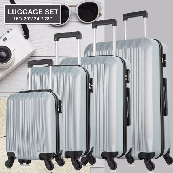 4 Piece Set Luggage Sets Suitcase ABS Hardshell Lightweight Spinner Wheels (16/20/24/28 inch) silver white