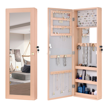 Non Full Mirror Wooden Leather Wall Mounted Three-Layer Shelf With Inner Mirror, Jewelry Storage Mirror Cabinet - Peach