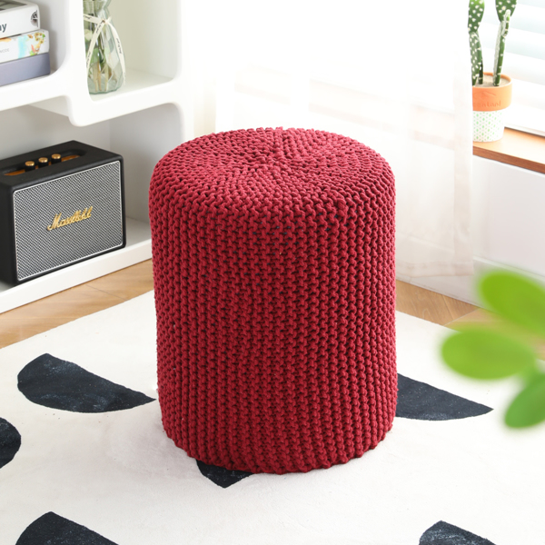 Pouf Ottoman, Hand Knitted Cotton Footrest, Boho Decor Knit Floor Stool for Bed Room, 14'' Round Pouffe Ottoman, Hollowed Removable Knitted Cover, Accent Seat for Living Room