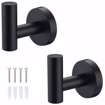 Bathroom Towel Hook, Shower Hook Wall Mounted SUS 304 Stainless Steel, Modern Hand Towel Hook Matte Black, Robe Coat Clothes Hook Round for Kitchen Garage Hotel, 2 Pack.