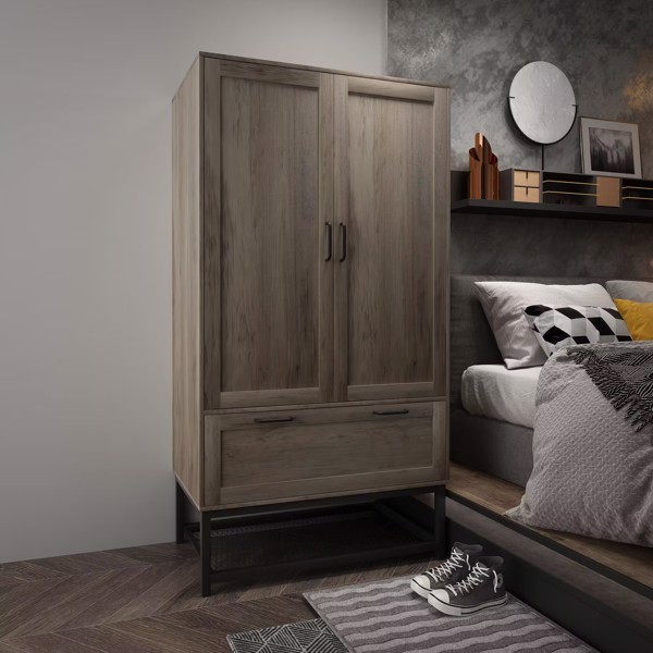  MDF & Particleboard Triamine Veneer 2 Doors 1 Pump Wooden Wardrobe Grey