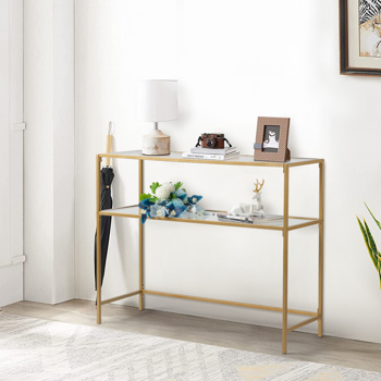 39.4\\" Console Sofa Table, Modern Entryway Table, Tempered Glass Table, Metal Frame, 2 Shelves, for Living Room, Hallway, Gold Color
