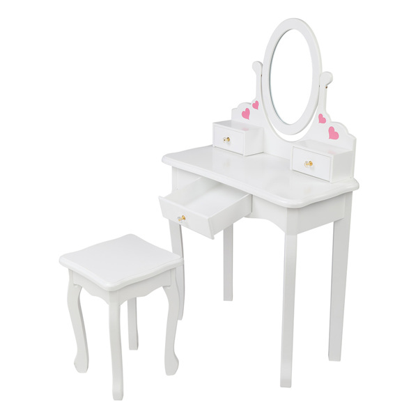 Children's Wooden Dressing Table Reversible Round Mirror Dressing Table Chair Three Drawers White Love Style