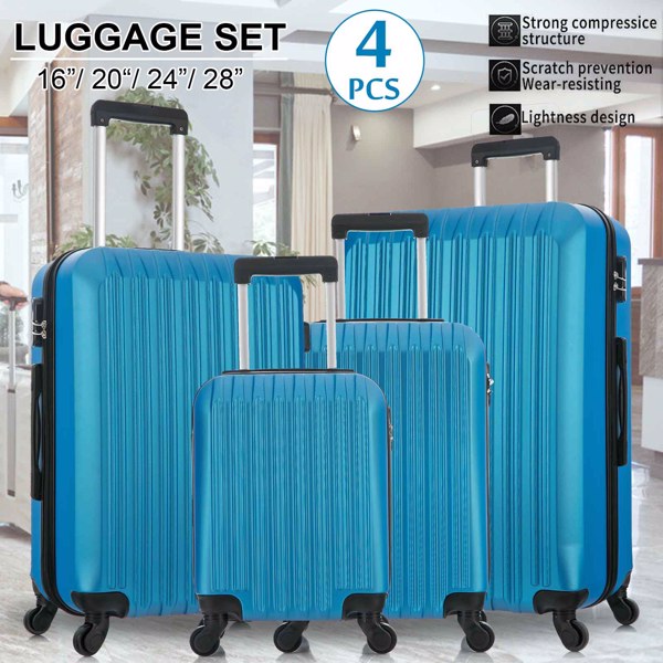 4 Piece Set Luggage Sets Suitcase ABS Hardshell Lightweight Spinner Wheels (16/20/24/28 inch) Blue