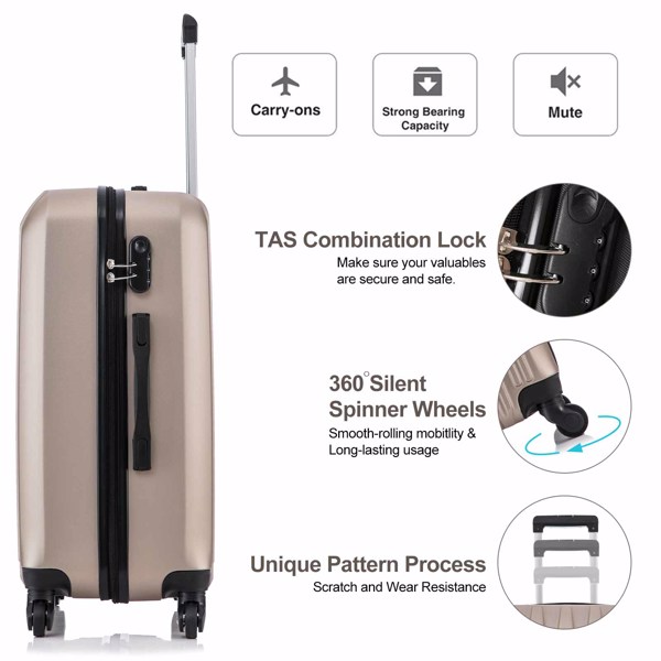 4 Piece Set Luggage Sets Suitcase ABS Hardshell Lightweight Spinner Wheels Champagne Gold