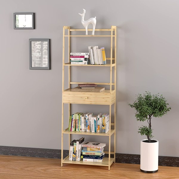 WTZ Bookshelf, Ladder Shelf with Drawers, 5 Tier Tall Bookcase, Modern Open Book Case for Bedroom, Living Room, Office, BC-239 Natural