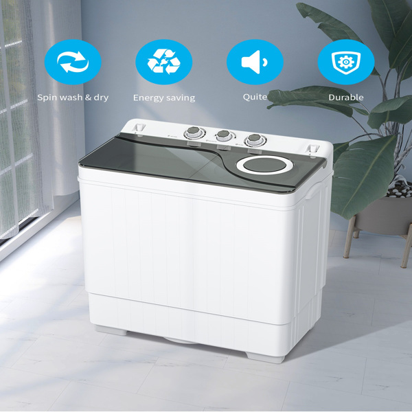 Twin Tub with Built-in Drain Pump XPB65-2168S 26Lbs Semi-automatic Twin Tube Washing Machine for Apartment, Dorms, RVs, Camping and More, White & Grey US Standard