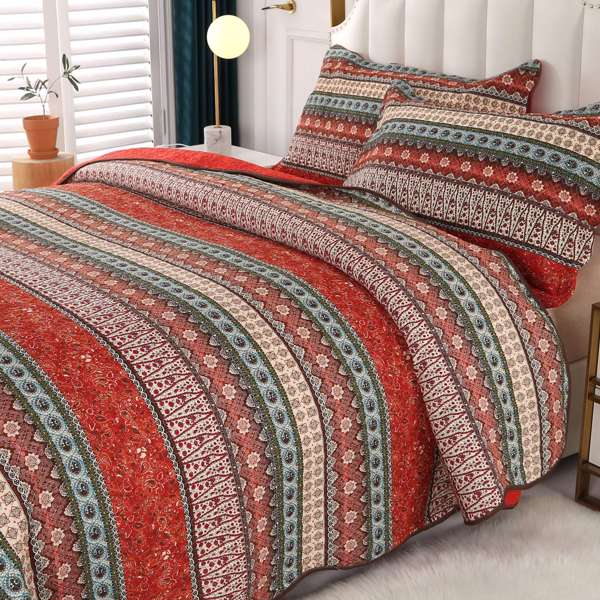 Striped Classical Cotton 3-Piece Patchwork Bedspread Quilt Sets, Queen Size