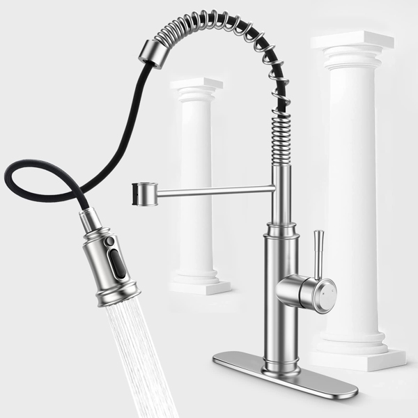 Kitchen Faucet - Spring Kitchen Sink Faucet with 3 Modes Pull Down Sprayer, Single Handle&Deck Plate for 1or3 Holes, 360° Rotation, Spot Resist Stainless Steel No Lead for RV Bar Home[Unable to ship o