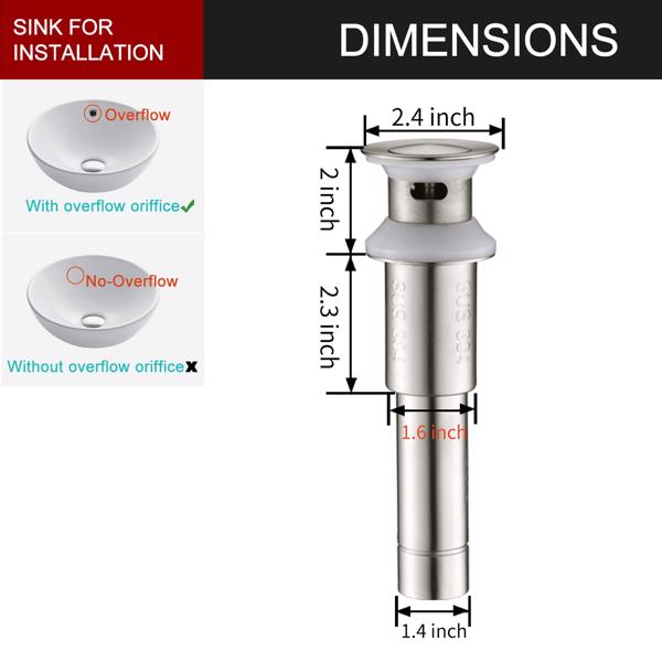 水槽排水塞浴室1.75英寸，带溢流防堵塞的弹出式排水不锈钢，用于容器水槽盥洗室盥洗盆排水，带滤网篮，拉丝镍。-4