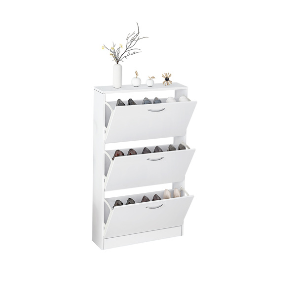 Shoe Cabinet for Entryway, White Narrow Shoe Storage Cabinet Flip Down Shoe Rack Wood 3 Tier Shoe Organizer for Home and Apartment