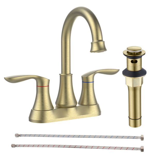 Bathroom Faucet Brushed Gold with Pop up Drain & Supply Hoses 2-Handle 360 Degree High Arc Swivel Spout Centerset 4 Inch Vanity Sink Faucet 4011B-NA[Unable to ship on weekends, please place orders wit