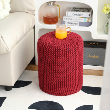 Pouf Ottoman, Hand Knitted Cotton Footrest, Boho Decor Knit Floor Stool for Bed Room, 14\\'\\' Round Pouffe Ottoman, Hollowed Removable Knitted Cover, Accent Seat for Living Room