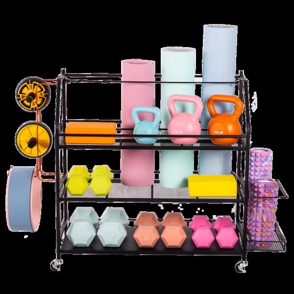 【DO NOT SELL ON AMAZON】Home Gym Storage Rack - Weight Rack for Dumbbells - Yoga Mat Storage Rack with Two Extra Side Storage Space - Garage Storage with Caster Wheels - Workout Equipment Organizer