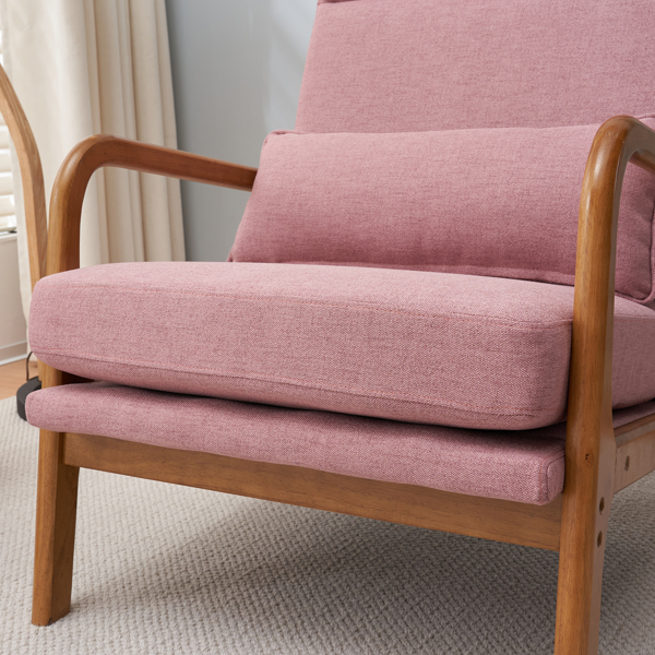 High Back Solid Wood Armrest Backrest Iron Frame Linen Indoor Leisure Chair Pink