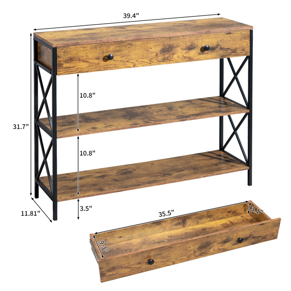 3 Tier Console Table for Entryway with Drawer and 2 Open Storage, Industrial Sofa Table with Storage for Living Room, Narrow Console Table with X Design, Sturdy and Durable