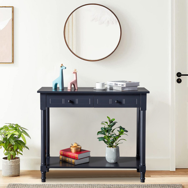 2-Tier Console Table with 2 Drawers， Console Tables for Entryway, Sofa Table with Storage Shelves, Entryway Table Behind Sofa Couch, for Living Room, Kitchen, Navy Blue/Black