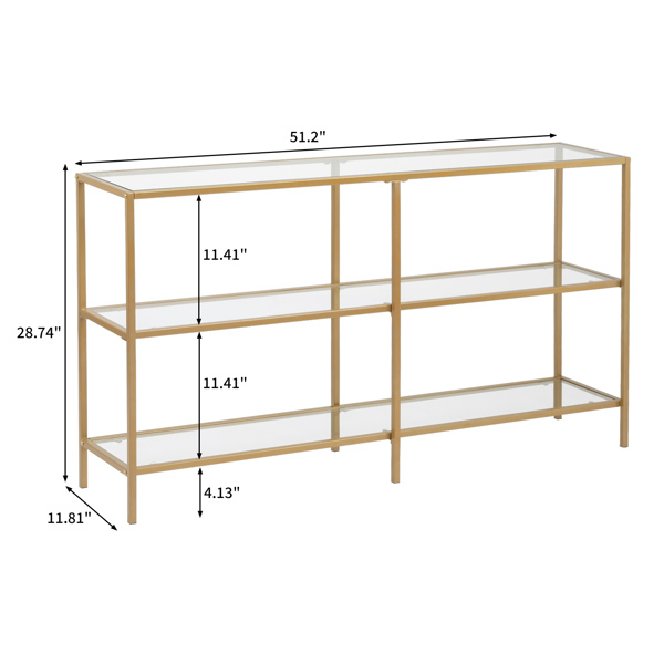 51.2” Console Table, Tempered Glass Sofa Table, Modern Entryway Table, Metal Frame, Easy to Assemble,  for Living Room, Hallway, Gold Color