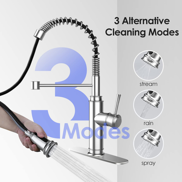 Kitchen Faucet - Spring Kitchen Sink Faucet with 3 Modes Pull Down Sprayer, Single Handle&Deck Plate for 1or3 Holes, 360° Rotation, Spot Resist Stainless Steel No Lead for RV Bar Home[Unable to ship o