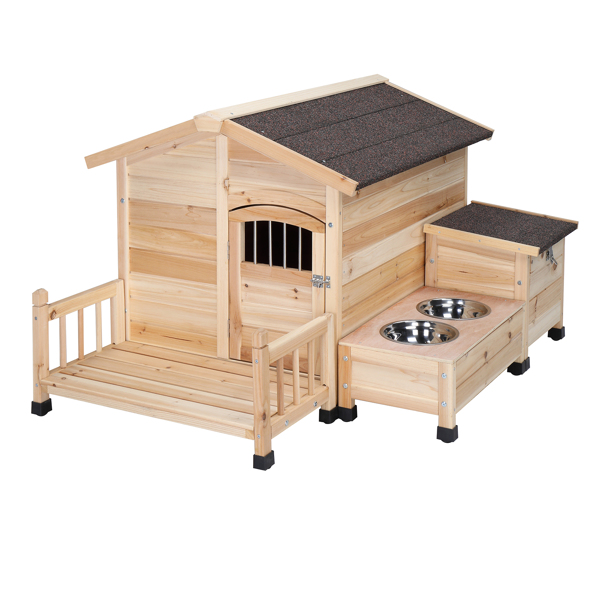 HOBBYZOO Wooden outdoor dog house Pet House shelter Cabin style，Asphalt roof waterproof，With porch, Feeding bowl, Storage box,natural