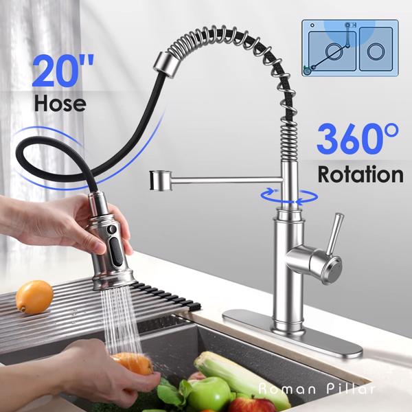 Kitchen Faucet - Spring Kitchen Sink Faucet with 3 Modes Pull Down Sprayer, Single Handle&Deck Plate for 1or3 Holes, 360° Rotation, Spot Resist Stainless Steel No Lead for RV Bar Home[Unable to ship o