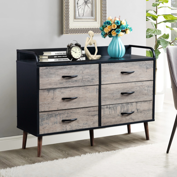 Drawer Dresser 6 Drawers Storage Dresser with Fabric Foldable Drawers, Gray and Black