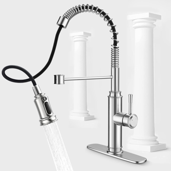 Kitchen Faucet - Spring Kitchen Sink Faucet with 3 Modes Pull Down Sprayer, Single Handle&Deck Plate for 1or3 Holes, 360° Rotation, Spot Resist Stainless Steel No Lead for RV Bar Home