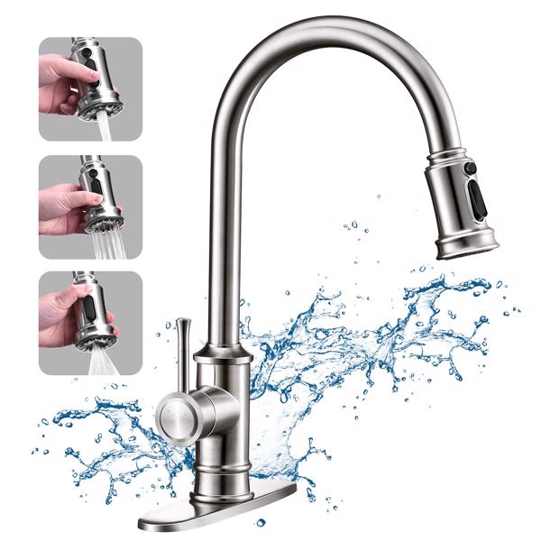 Kitchen Faucet- 3 Modes Pull Down Sprayer Kitchen Sink Faucet, Brushed Nickel Kitchen Faucet Single Handle, 1or3 Holes with Deck Plate, 100% Lead-Free for RV/House[Unable to ship on weekends, please p