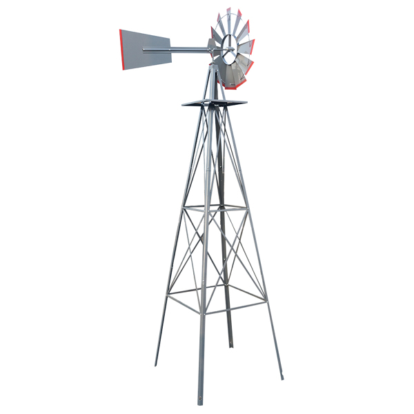 8FT Weather Resistant Yard Garden Windmill Gray & Red 
