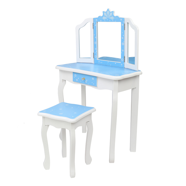 Children's Wooden Dressing Table Three-Sided Folding Mirror Dressing Table Chair Single Drawer Blue Snowflake Style