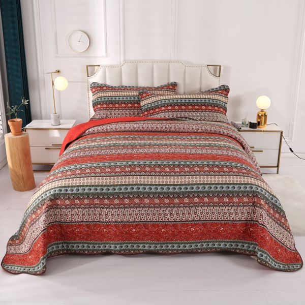 Striped Classical Cotton 3-Piece Patchwork Bedspread Quilt Sets, King Size