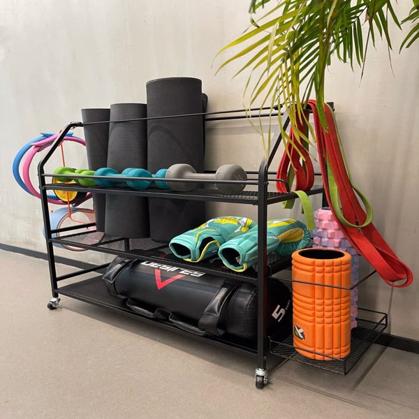 【DO NOT SELL ON AMAZON】Home Gym Storage Rack - Weight Rack for Dumbbells - Yoga Mat Storage Rack with Two Extra Side Storage Space - Garage Storage with Caster Wheels - Workout Equipment Organizer