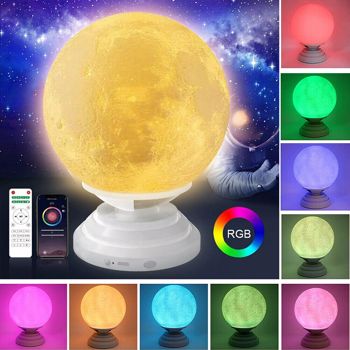 3D Smart Moon Lamp 360° RGB LED Night Light w/ Bluetooth Speaker Remote Control
