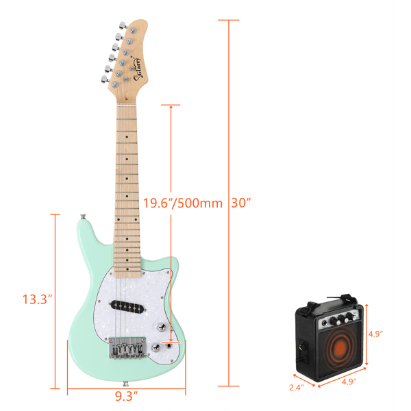 【Do Not Sell on Amazon】Glarry 30in Maple Fingerboard Mini Electric Guitar Kit with 5W Amplifier Bag String Shoulder Strap Plectrum Cord Wrench Tool Light Green