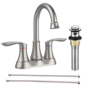 Bathroom Faucet Brushed Nickel with Pop-up Drain & Supply Hoses Two-Handle 360 Degree High Arc Swivel Spout Centerset 4 Inch Vanity Sink Faucet 4011B-NP