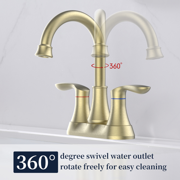 Bathroom Faucet Brushed Gold with Pop up Drain & Supply Hoses 2-Handle 360 Degree High Arc Swivel Spout Centerset 4 Inch Vanity Sink Faucet 4011B-NA[Unable to ship on weekends, please place orders wit