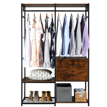 Independent Wardrobe Manager, Hanger, Multiple Storage Racks And Drawers, Heavy Metal Closet Storage Rack For Bedroom -Black  Vingtage Walnut