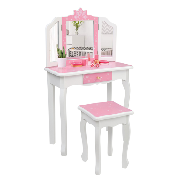 Children's Wooden Dressing Table Three-Sided Folding Mirror Dressing Table Chair Single Drawer Blue Snowflake Style