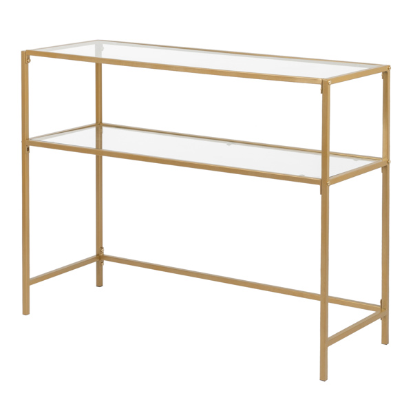 39.4" Console Sofa Table, Modern Entryway Table, Tempered Glass Table, Metal Frame, 2 Shelves, for Living Room, Hallway, Gold Color